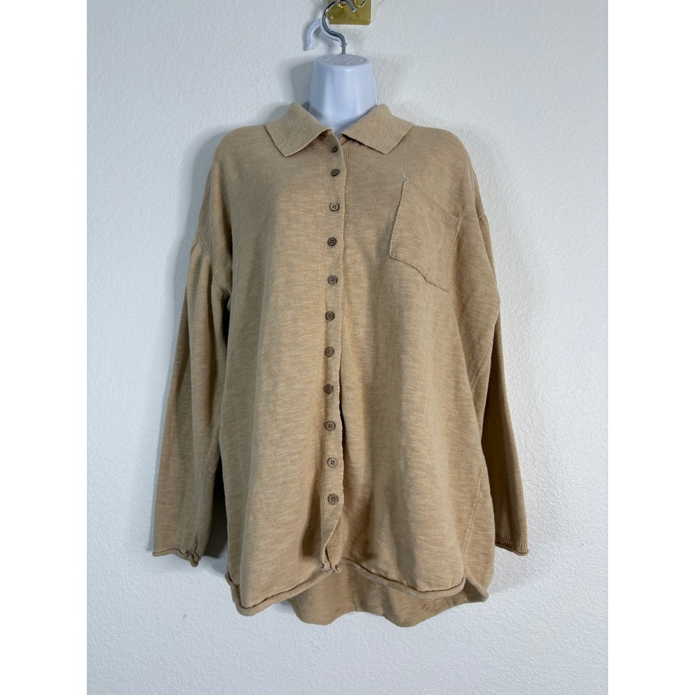 Free People FP Beach Long Sleeve Button Front Shirt Oversized Large Linen‎ Blend